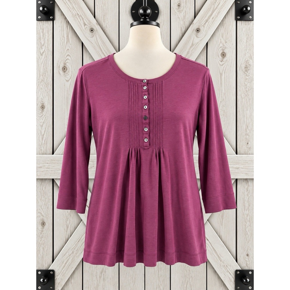 L.L. Bean 100% Supima Cotton Henley Tee Top 3/4 Sleeve Luxe Knit Berry Size XL